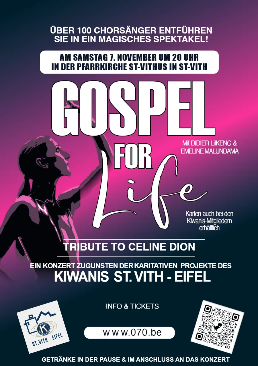 Plakat Gospel for Life – Tribute to Céline Dion, Samstag 7. November um 20 Uhr in der Pfarrkirche St. Vithus